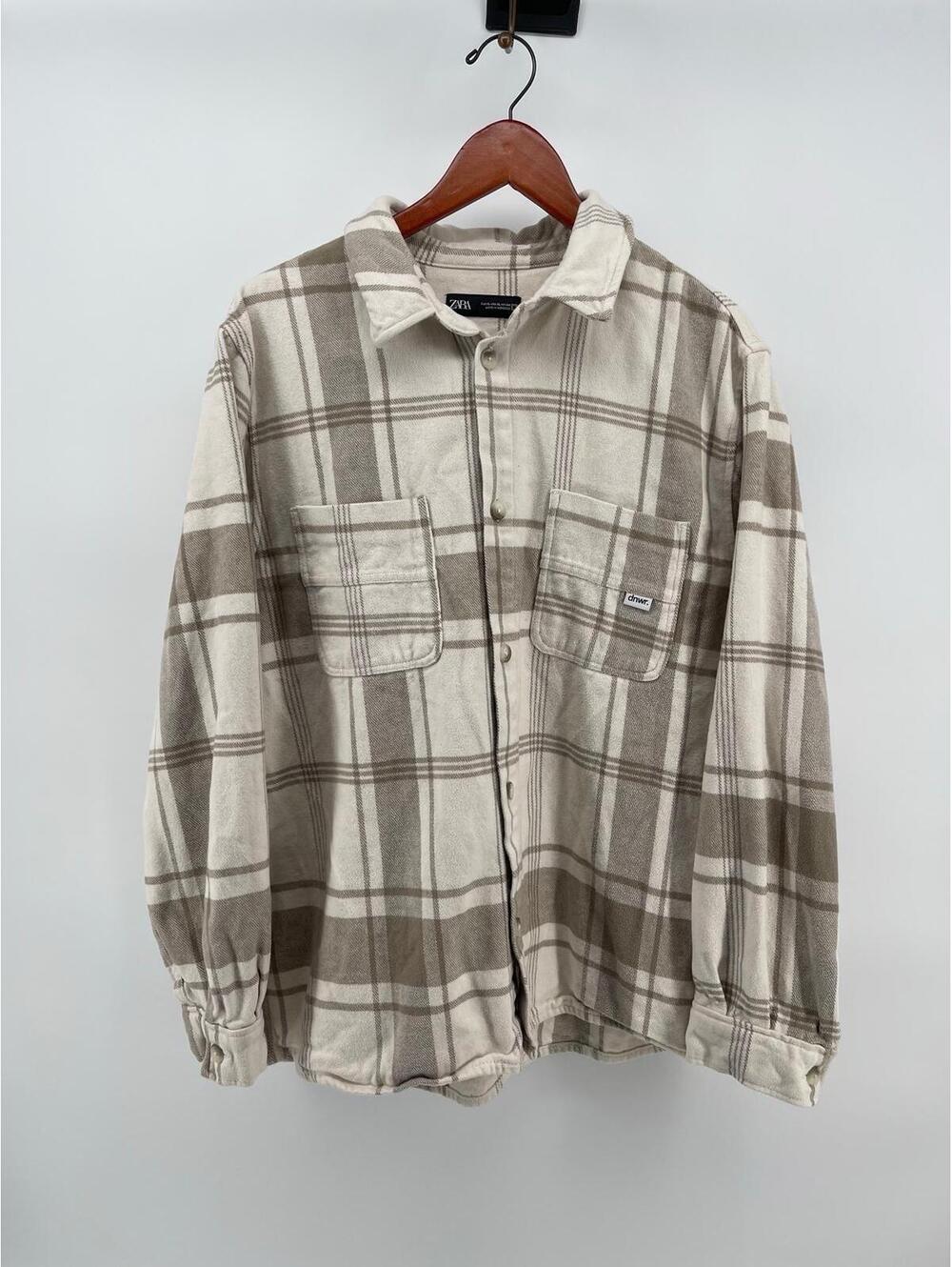 Zara Mens XL Beige Plaid Button Up‎ Overshirt Shacket Flannel Casual